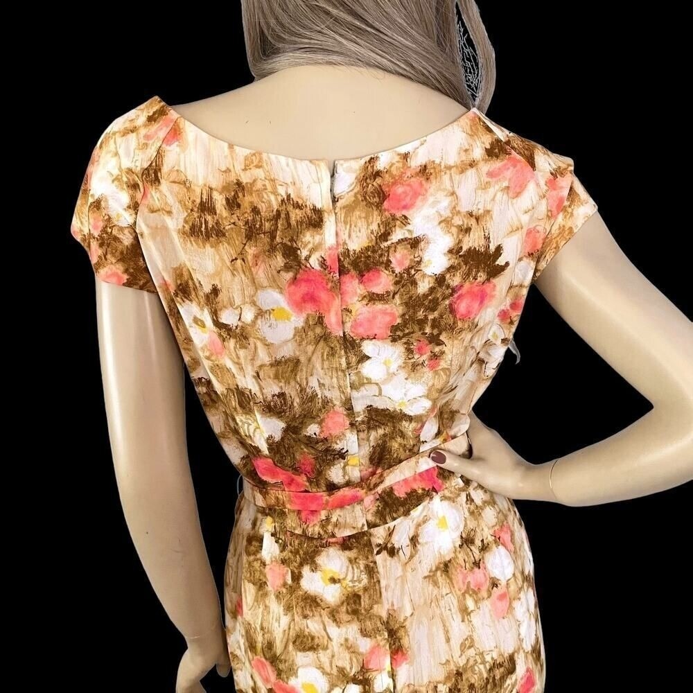 Vintage 50s Floral Silk Wiggle Dress Small | Hollywood Regency Mid Century Glam - Picture 6 of 9